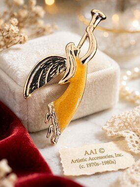 Vintage AAI Angel Trumpet Brooch Silver Tone Enamel 2.75"
